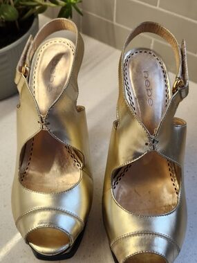 BeBe Women's Gold Peep-Toe Slingback Heels
